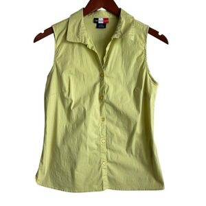 French Kuff Women Button Front Top S Chartreuse Stretch Preppy Capsule Travel